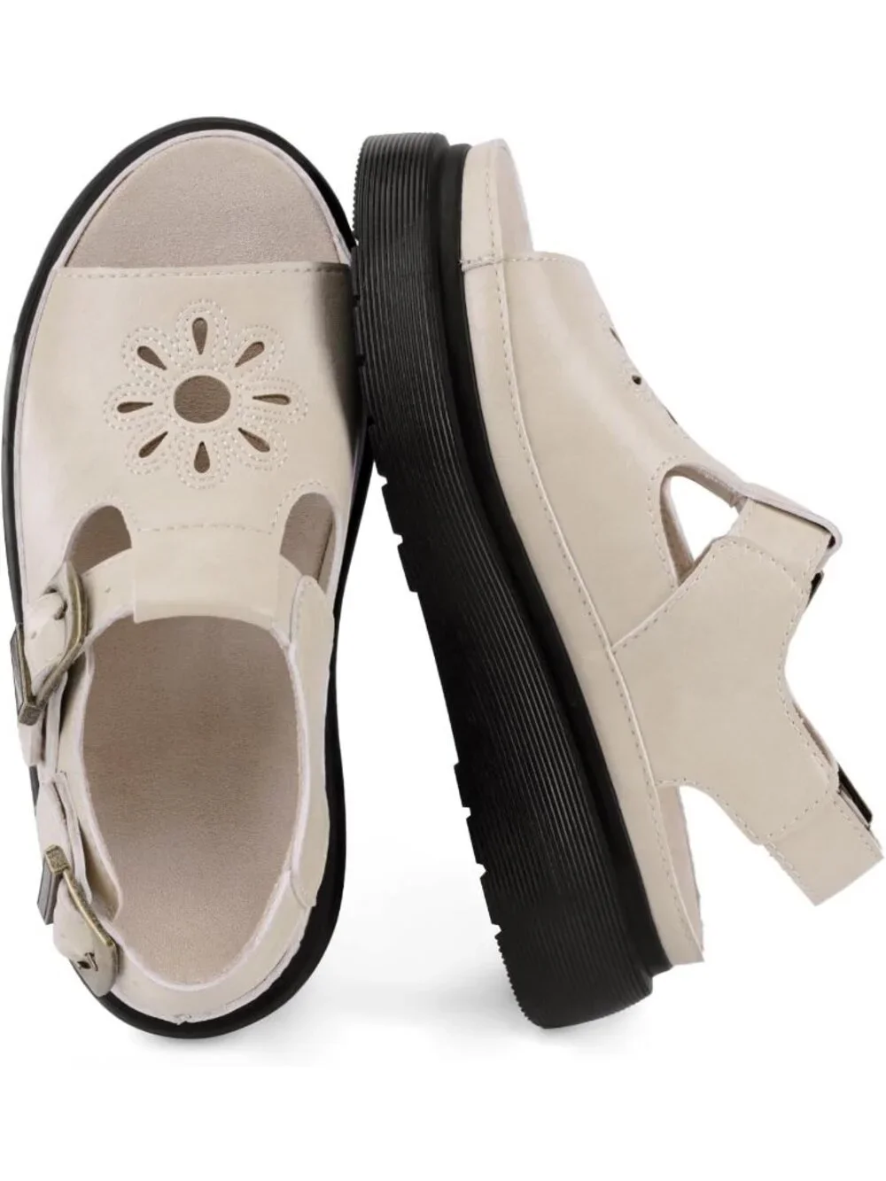 Womens Beige Flat Open Toe Flower Decoration Fisherman Platform Sandal Shoes
